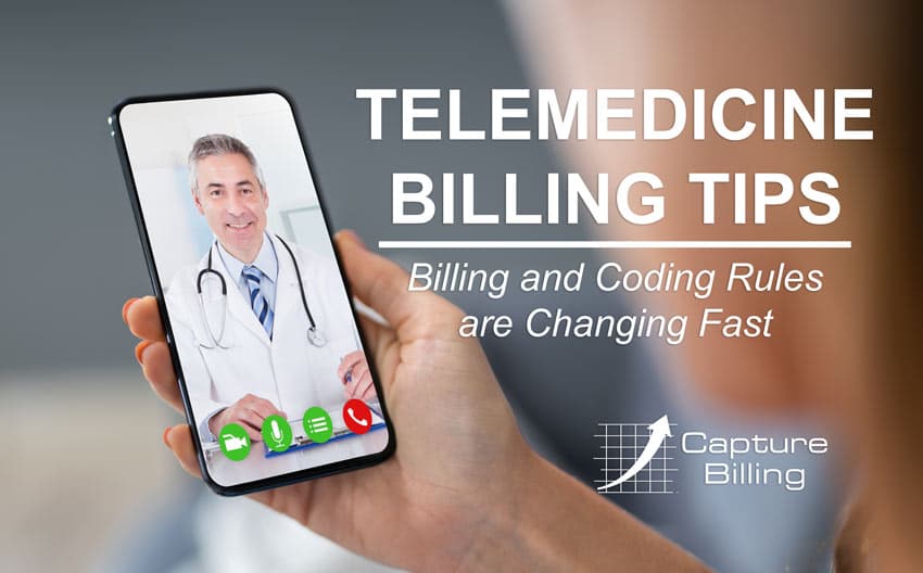 Telemedicine Billing Tips. Patient holding cell phone talking to doctor.