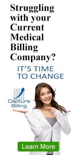Medical professional holding Capture Billing Logo with text "Struggling with your Medical Billing Company? It's Time to Change" and green Learn More button